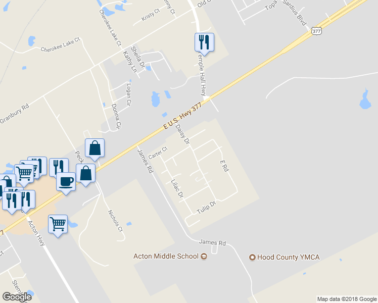map of restaurants, bars, coffee shops, grocery stores, and more near 300 Daisy Drive in Granbury
