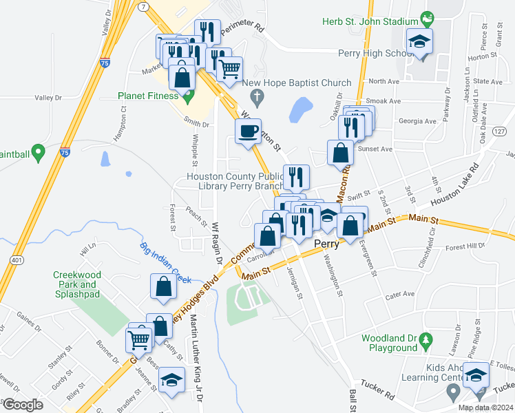 map of restaurants, bars, coffee shops, grocery stores, and more near 718 Charlse Drive in Perry