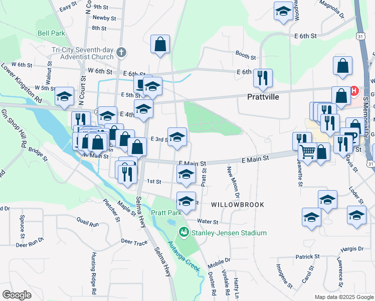 map of restaurants, bars, coffee shops, grocery stores, and more near 222 Moncrief Street in Prattville