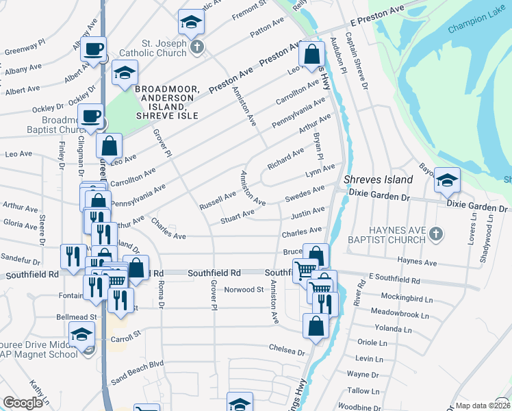 map of restaurants, bars, coffee shops, grocery stores, and more near 1926 Anniston Avenue in Shreveport