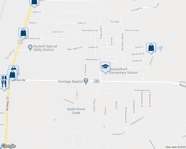map of restaurants, bars, coffee shops, grocery stores, and more near 3016 Huntington Court in Waxahachie