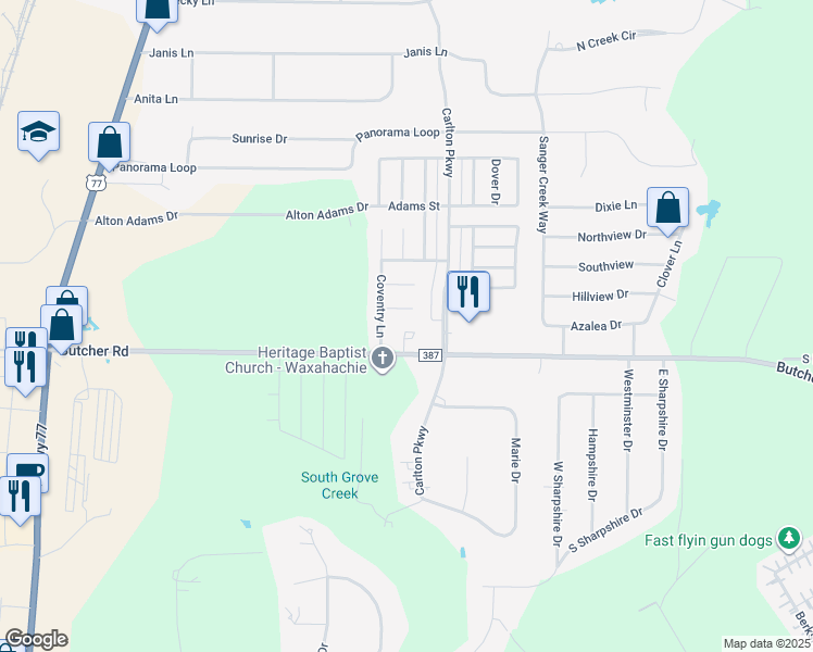 map of restaurants, bars, coffee shops, grocery stores, and more near 3016 Huntington Court in Waxahachie