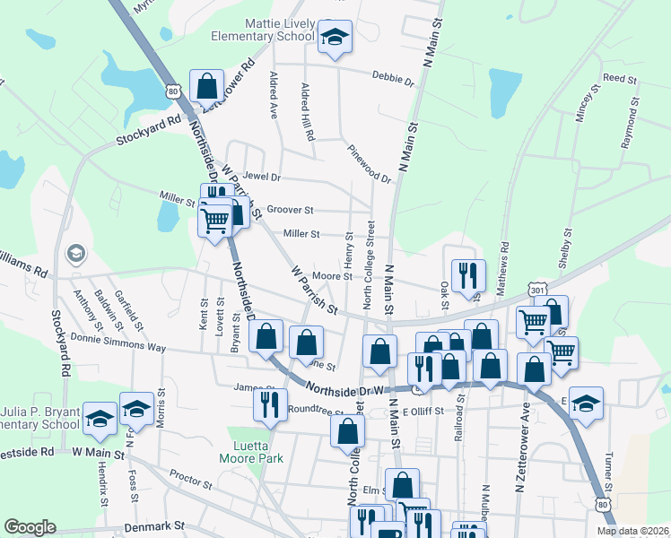 map of restaurants, bars, coffee shops, grocery stores, and more near 12 West Moore Street in Statesboro