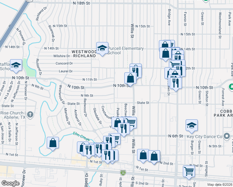 map of restaurants, bars, coffee shops, grocery stores, and more near 925 Minter Lane in Abilene