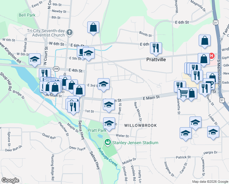 map of restaurants, bars, coffee shops, grocery stores, and more near 222 Moncrief Street in Prattville