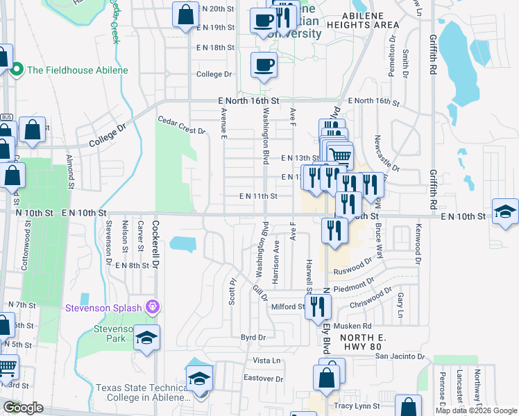 map of restaurants, bars, coffee shops, grocery stores, and more near 1010 Washington Boulevard in Abilene
