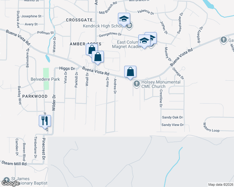 map of restaurants, bars, coffee shops, grocery stores, and more near 720 Andrea Drive in Columbus