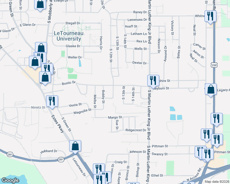 map of restaurants, bars, coffee shops, grocery stores, and more near 2511 South 13th Street in Longview