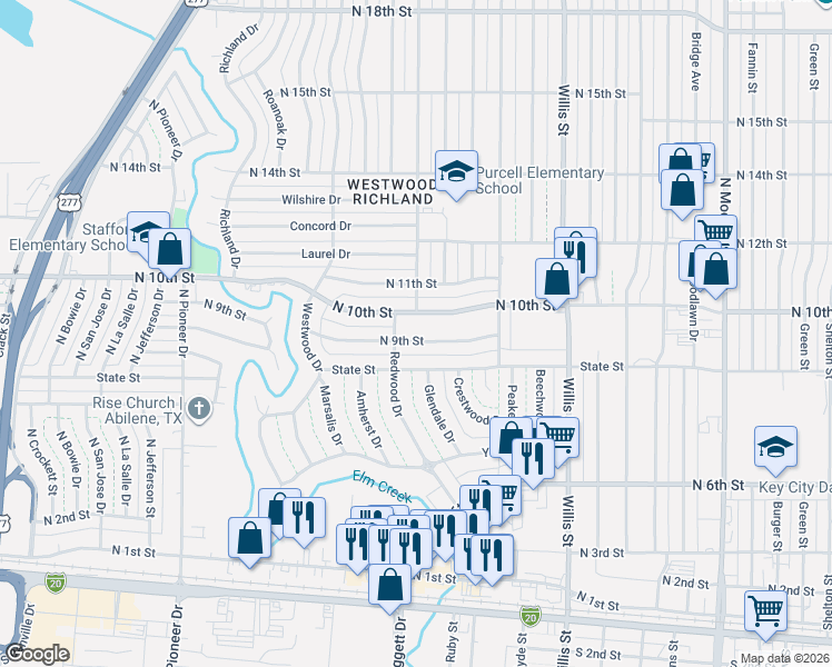 map of restaurants, bars, coffee shops, grocery stores, and more near 3688 North 9th Street in Abilene