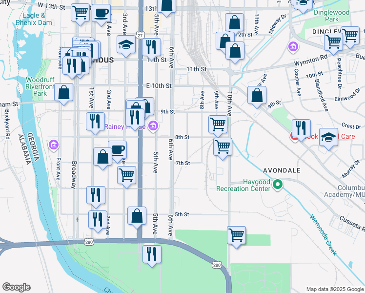 map of restaurants, bars, coffee shops, grocery stores, and more near 727 7th Avenue in Columbus