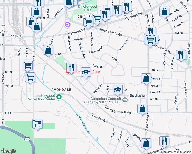map of restaurants, bars, coffee shops, grocery stores, and more near 716 Palmetto Avenue in Columbus
