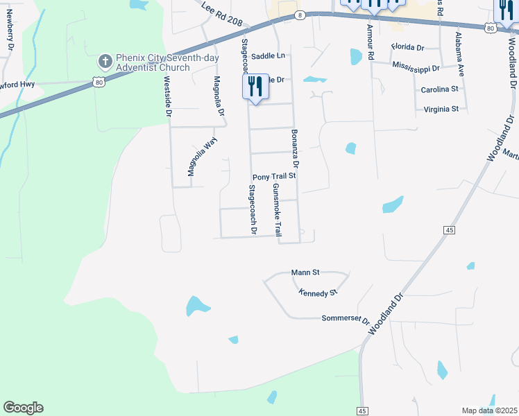 map of restaurants, bars, coffee shops, grocery stores, and more near 803 Gunsmoke Trail in Phenix City