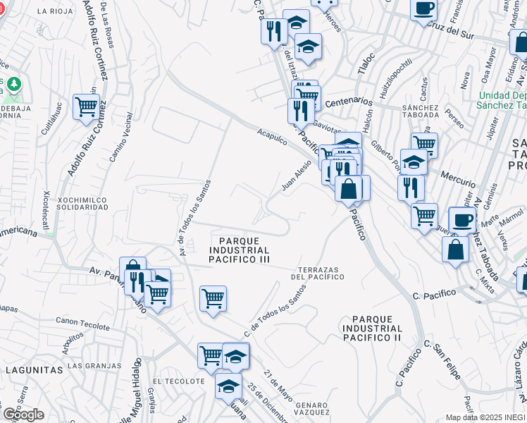 map of restaurants, bars, coffee shops, grocery stores, and more near 12422 Av Juan Alessio in Tijuana