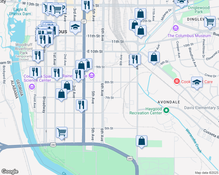 map of restaurants, bars, coffee shops, grocery stores, and more near 729 7th Avenue in Columbus