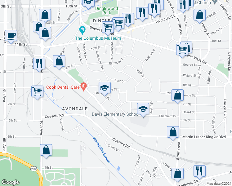 map of restaurants, bars, coffee shops, grocery stores, and more near 716 Palmetto Avenue in Columbus
