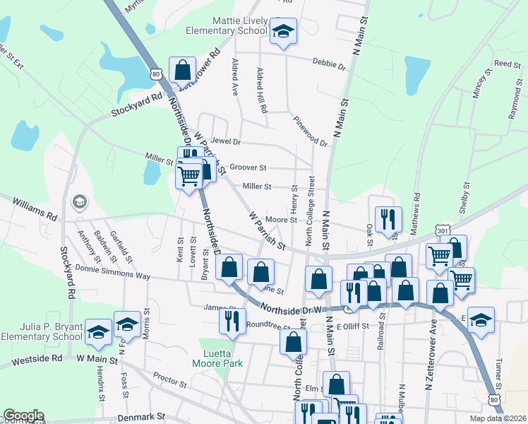 map of restaurants, bars, coffee shops, grocery stores, and more near 26 Moore Street in Statesboro