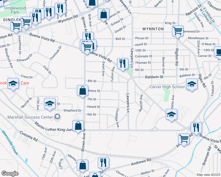 map of restaurants, bars, coffee shops, grocery stores, and more near 2331 Amos Street in Columbus