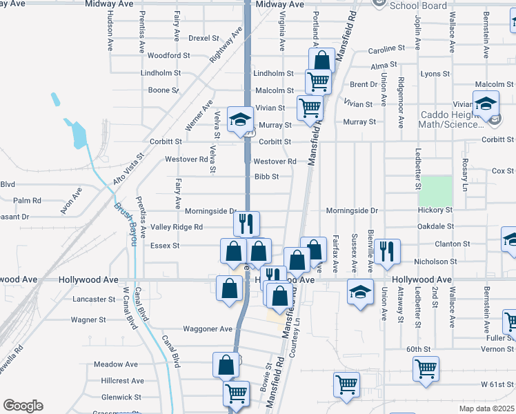 map of restaurants, bars, coffee shops, grocery stores, and more near 2650 Morningside Drive in Shreveport
