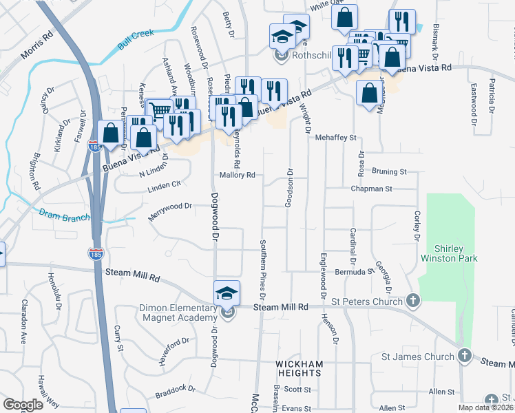 map of restaurants, bars, coffee shops, grocery stores, and more near 717 Southern Pines Drive in Columbus