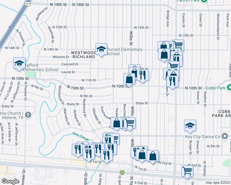 map of restaurants, bars, coffee shops, grocery stores, and more near 955 Minter Lane in Abilene
