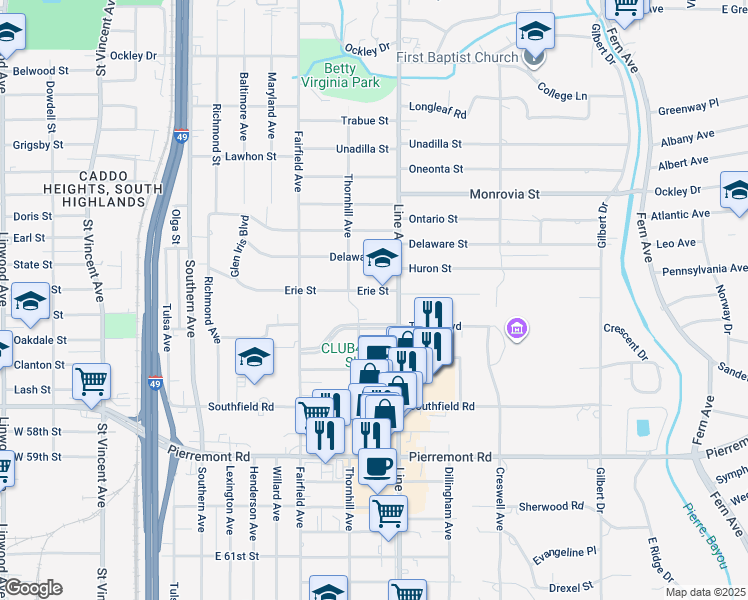 map of restaurants, bars, coffee shops, grocery stores, and more near 831 Erie Street in Shreveport
