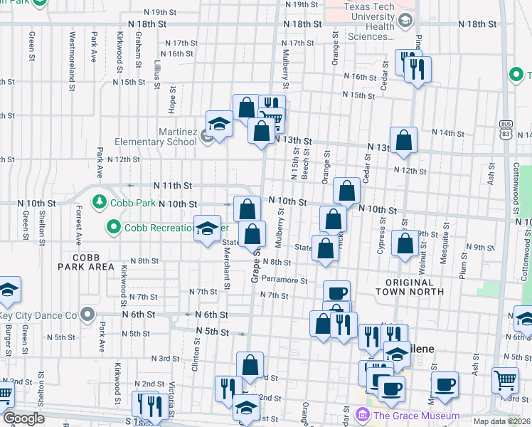 map of restaurants, bars, coffee shops, grocery stores, and more near 1710 North 9th Street in Abilene