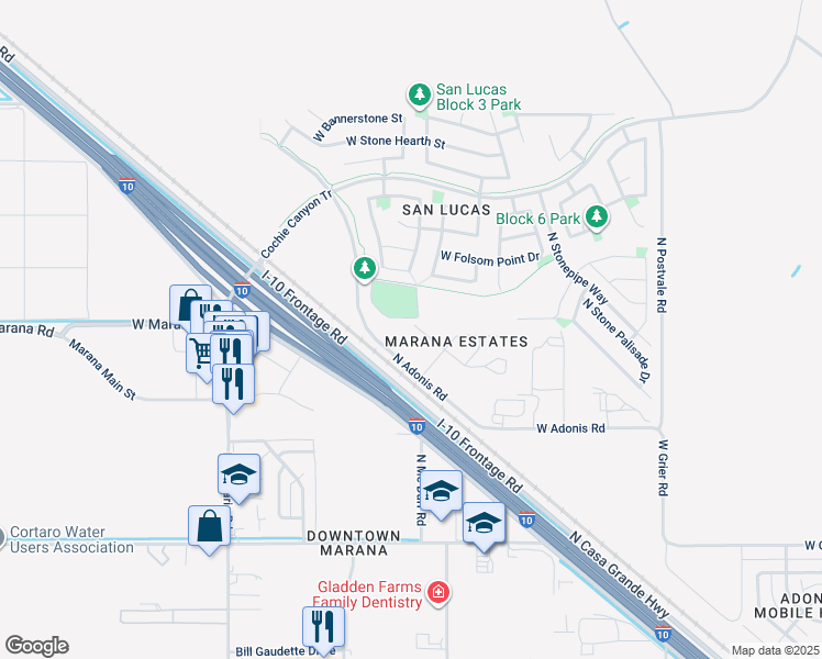 map of restaurants, bars, coffee shops, grocery stores, and more near 11471 West Tortolita Street in Marana
