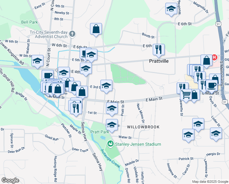 map of restaurants, bars, coffee shops, grocery stores, and more near 222 Moncrief Street in Prattville