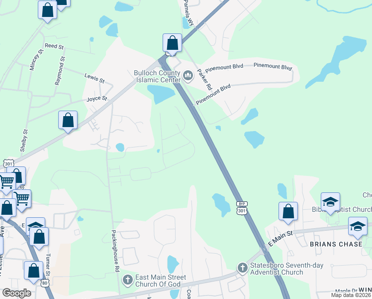 map of restaurants, bars, coffee shops, grocery stores, and more near 530 Acorn Lane in Statesboro