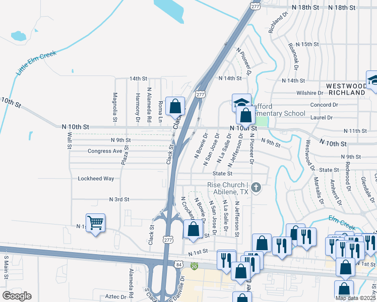 map of restaurants, bars, coffee shops, grocery stores, and more near 917 North Danville Drive in Abilene