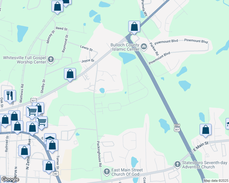 map of restaurants, bars, coffee shops, grocery stores, and more near 522 Acorn Lane in Statesboro