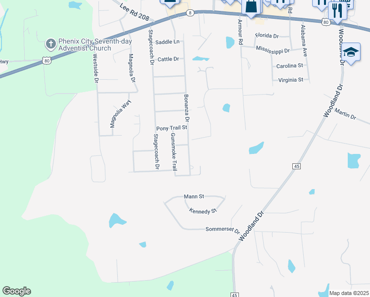 map of restaurants, bars, coffee shops, grocery stores, and more near 801 Bonanza Drive in Phenix City