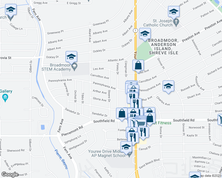 map of restaurants, bars, coffee shops, grocery stores, and more near 4403 Steere Drive in Shreveport