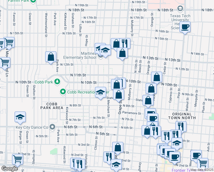 map of restaurants, bars, coffee shops, grocery stores, and more near 926 Merchant Street in Abilene
