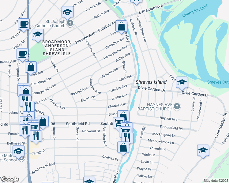 map of restaurants, bars, coffee shops, grocery stores, and more near 151 Swedes Avenue in Shreveport