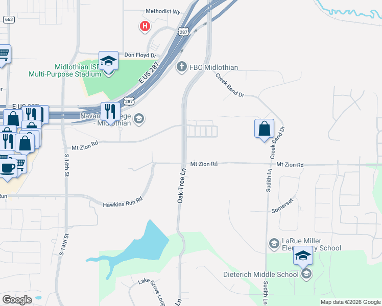map of restaurants, bars, coffee shops, grocery stores, and more near 1421 Mount Zion Road in Midlothian