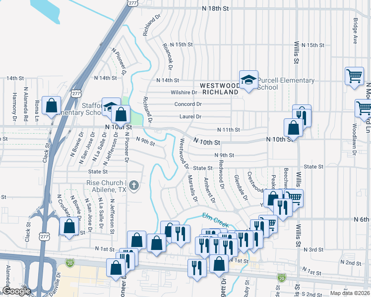 map of restaurants, bars, coffee shops, grocery stores, and more near 885 Westwood Drive in Abilene