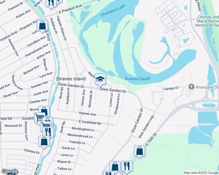 map of restaurants, bars, coffee shops, grocery stores, and more near 2002 Lovers Lane in Shreveport