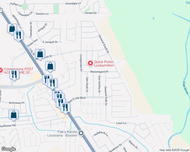 map of restaurants, bars, coffee shops, grocery stores, and more near 4905 General Sterling Price Place in Bossier City