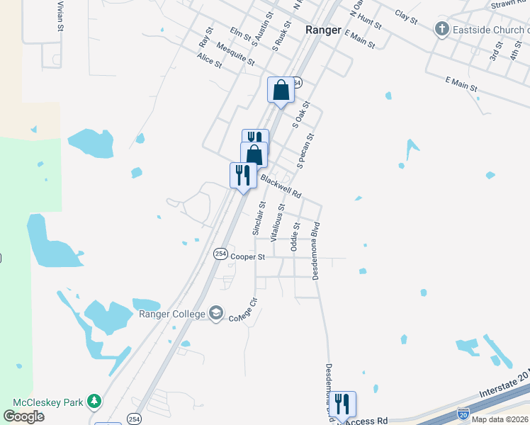 map of restaurants, bars, coffee shops, grocery stores, and more near 1023 Vitalious Street in Ranger