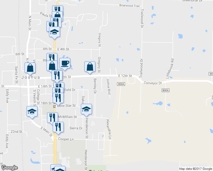 map of restaurants, bars, coffee shops, grocery stores, and more near 208 Joshua Boulevard in Joshua