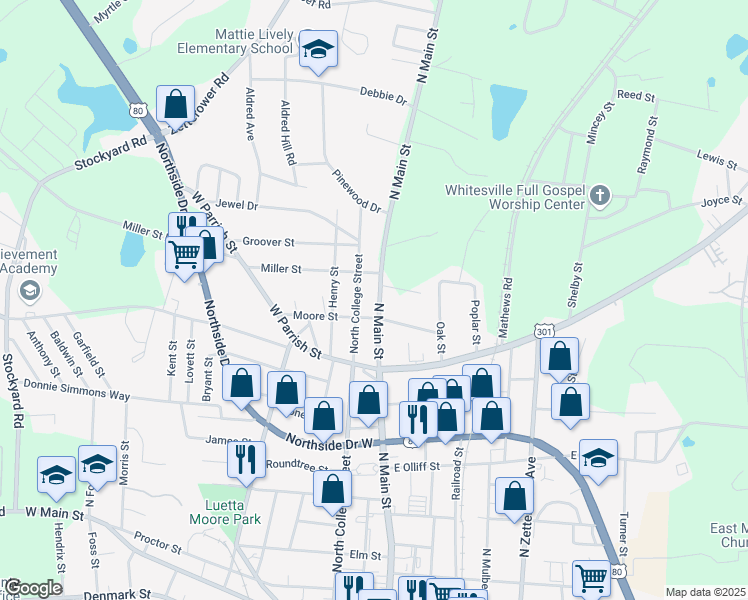 map of restaurants, bars, coffee shops, grocery stores, and more near 308a North College Street in Statesboro