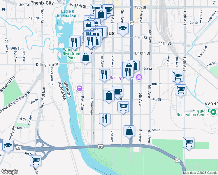 map of restaurants, bars, coffee shops, grocery stores, and more near 724 1st Avenue in Columbus