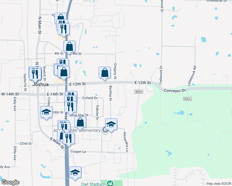 map of restaurants, bars, coffee shops, grocery stores, and more near 117 Honey Bee Drive in Joshua