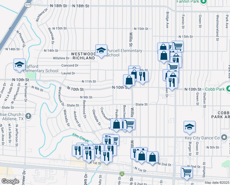 map of restaurants, bars, coffee shops, grocery stores, and more near 965 Minter Lane in Abilene
