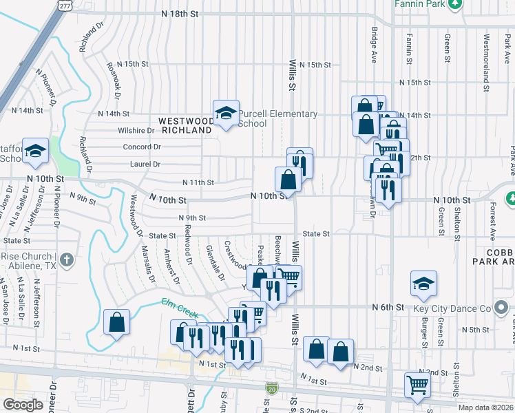 map of restaurants, bars, coffee shops, grocery stores, and more near 925 Minter Lane in Abilene
