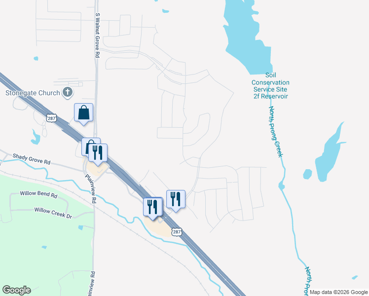 map of restaurants, bars, coffee shops, grocery stores, and more near 4557 Highway 287 in Midlothian