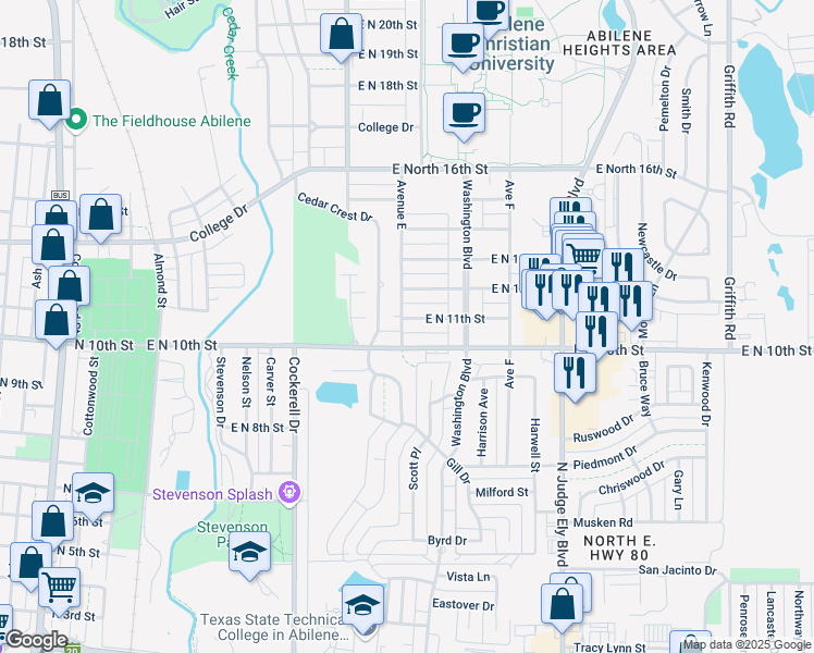 map of restaurants, bars, coffee shops, grocery stores, and more near 702 East North 10th Street in Abilene