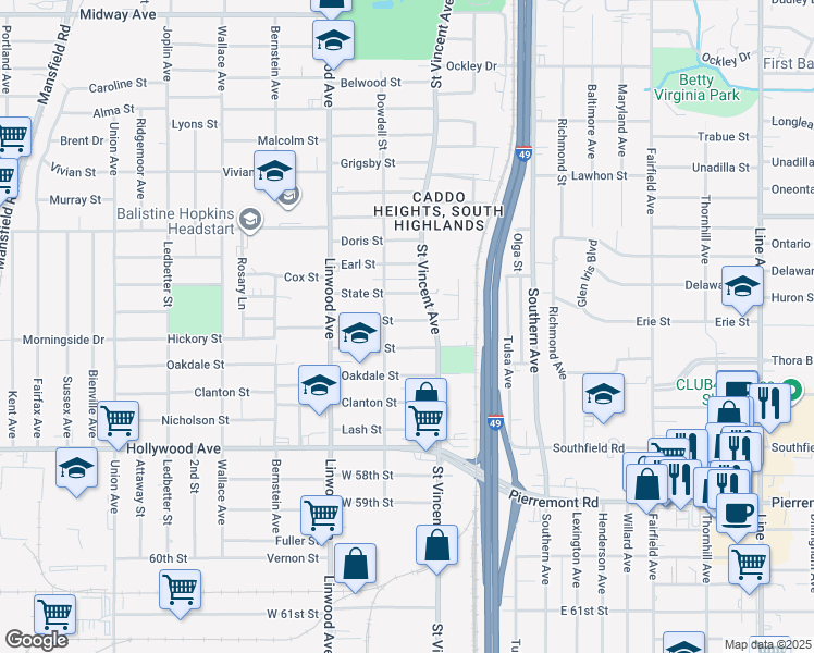 map of restaurants, bars, coffee shops, grocery stores, and more near 1456 Camille Street in Shreveport