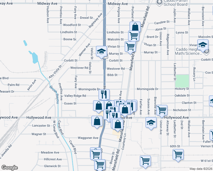 map of restaurants, bars, coffee shops, grocery stores, and more near in Shreveport